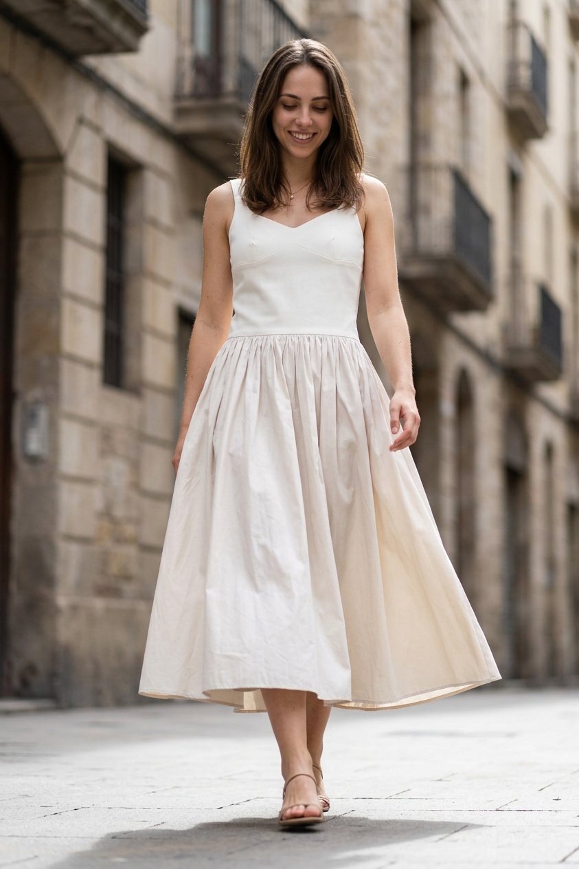 A mesma modelo vestindo um vestido midi off white em uma rua