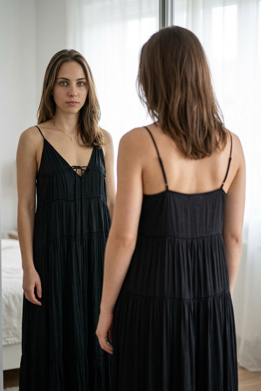 A mesma modelo vestindo um vestido preto longo, de frente e de costas