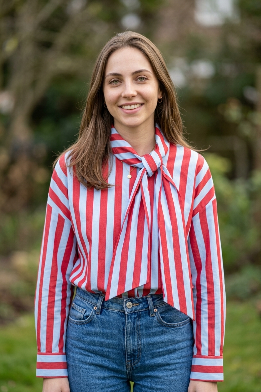 A mesma modelo vestindo uma camisa listrada vermelha e branca