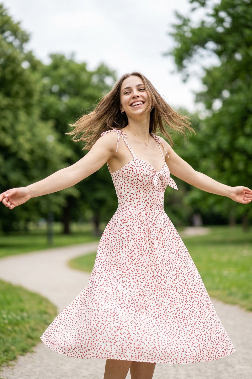 A mesma modelo vestindo um vestido floral em um parque