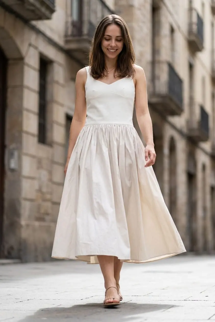 A mesma modelo vestindo um vestido midi off white em uma rua