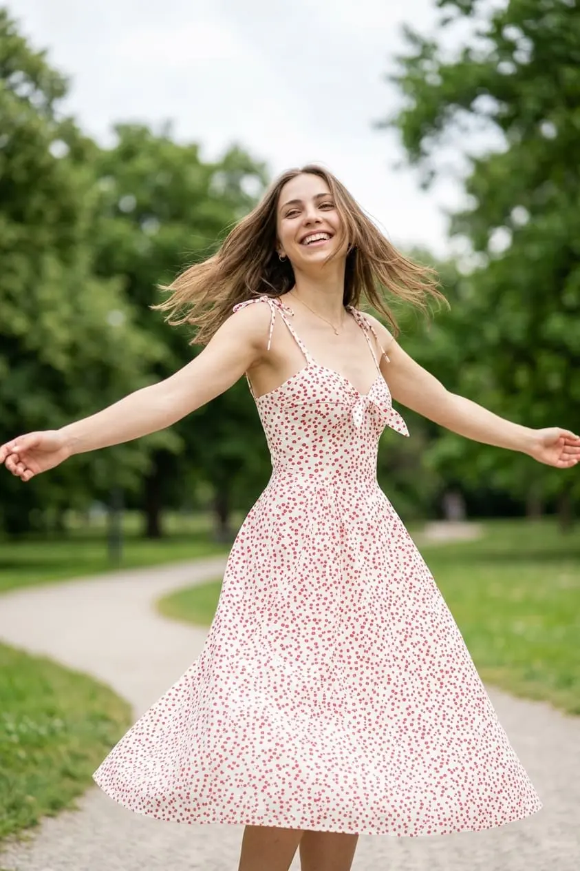 A mesma modelo vestindo um vestido floral em um parque
