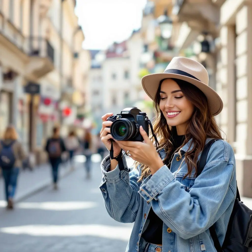 Mulher com chapeu e jaqueta, sorrindo e olhando para a tela de sua camera fotográfica em uma rua